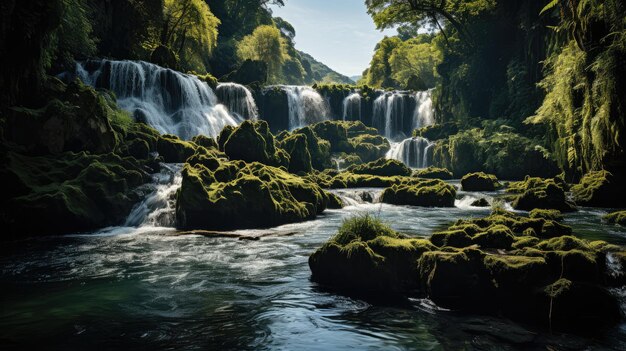 Foto de uma cachoeira de fluxo rápido vista de longe