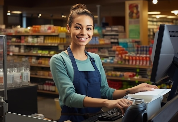 Foto de uma caixa fofa feminina de supermercado com um sorriso fofo e ajudando os clientes