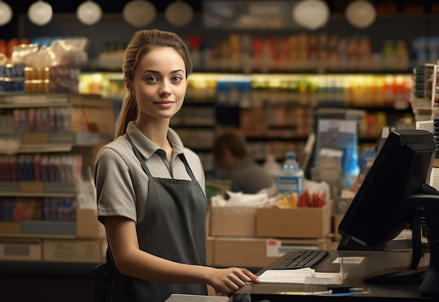 Foto de uma caixa fofa feminina de supermercado com um sorriso fofo e ajudando os clientes