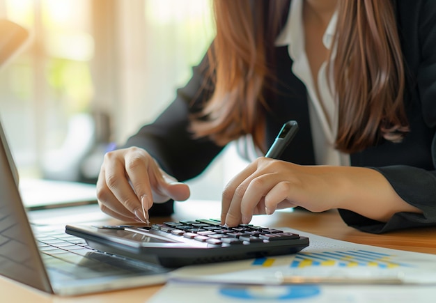 Foto de uma calculadora nas mãos a verificar os lucros da empresa, o gerente da conta de rendimento a trabalhar