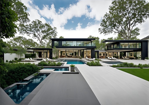 Foto de uma casa contemporânea com uma piscina deslumbrante em primeiro plano