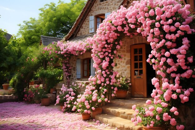 Foto foto de uma casa de campo francesa com rosas alpinistas