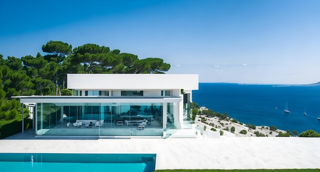 Foto de uma casa moderna deslumbrante com vista para o mar e uma piscina luxuosa