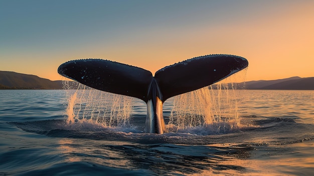 Foto de uma cauda de baleia azul sobre a água no mar ao pôr do sol Generative AI