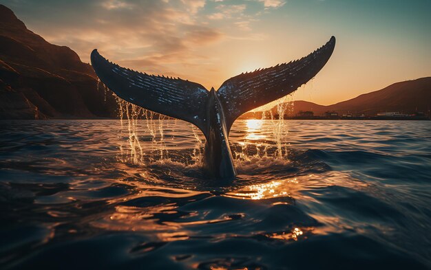 Foto de uma cauda de golfinho azul sobre a água do mar