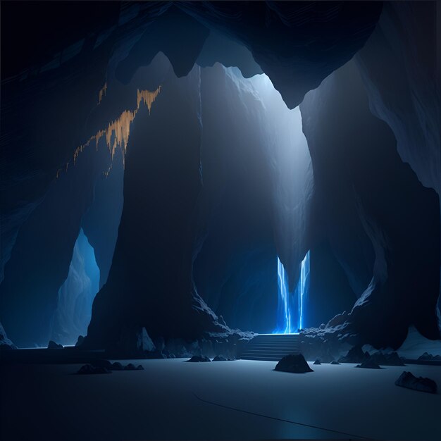 Foto de uma caverna misteriosa com um brilho azul cativante emanando de dentro