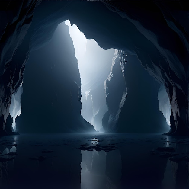 Foto de uma caverna misteriosa com um feixe de luz cativante no final