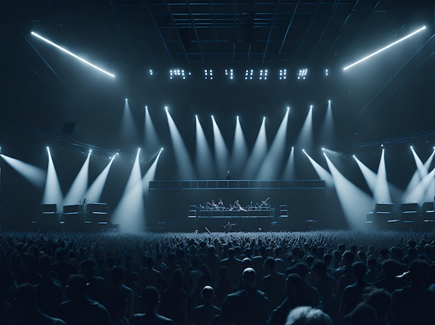 Foto de uma cena de concerto vibrante com iluminação dinâmica e holofotes iluminando o palco