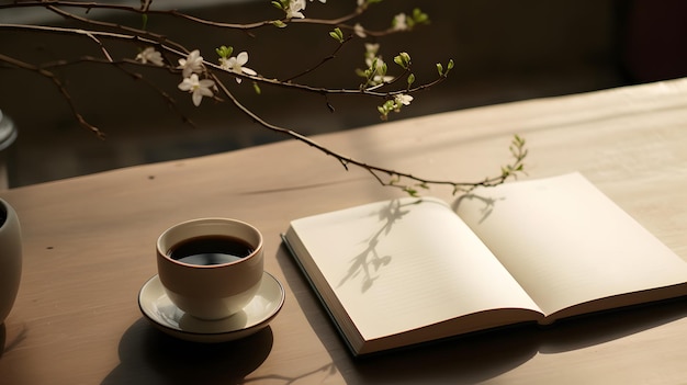 Foto de uma chávena de café e um livro aberto em uma mesa
