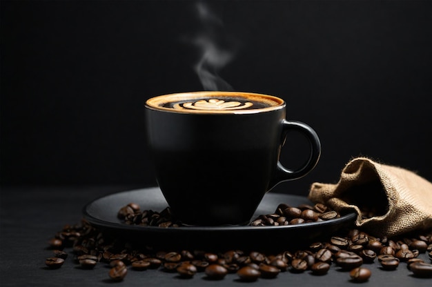 Foto de uma chávena de café e um saco de grãos de café na mesa 2