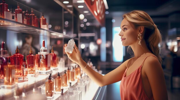Foto foto de uma cliente provando perfume em um salão de beleza