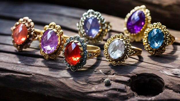 Foto foto de uma coleção de anéis de pedras preciosas de inspiração antiga