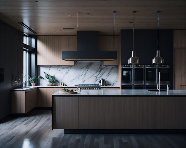 Foto de uma cozinha moderna e espaçosa com uma bancada de mármore de luxo