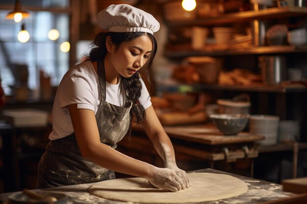 Foto de uma cozinheira asiática proficiente na preparação de massa de pizza