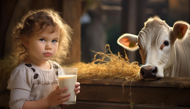 foto de uma criança bonita segurando um copo de vidro com leite em uma fazenda contra