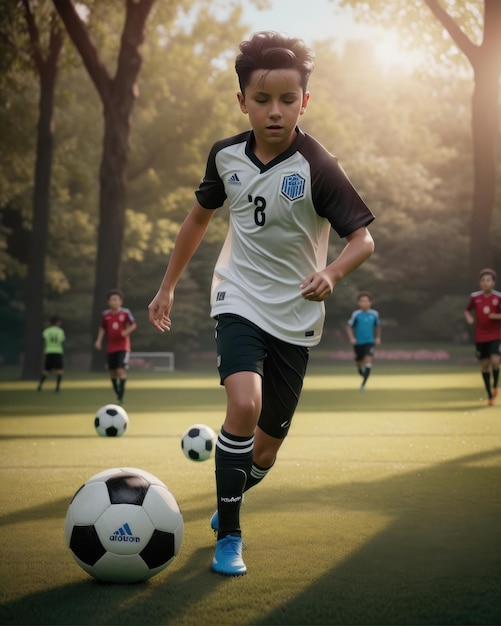 Foto de uma criança jogando futebol no campo de futebol