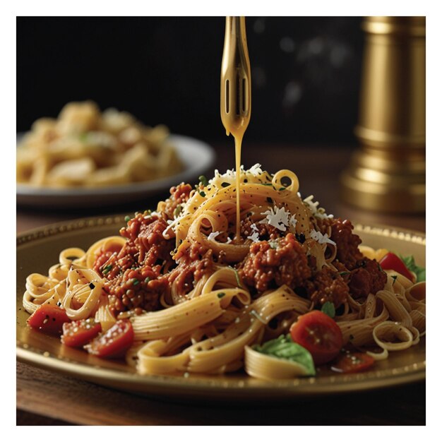 Foto foto de uma deliciosa comida, pasta bolognese com coberturas luxuosas.