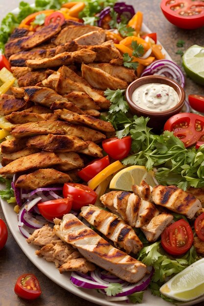 Foto de uma deliciosa e saudável salada de frango grelhado com legumes frescos