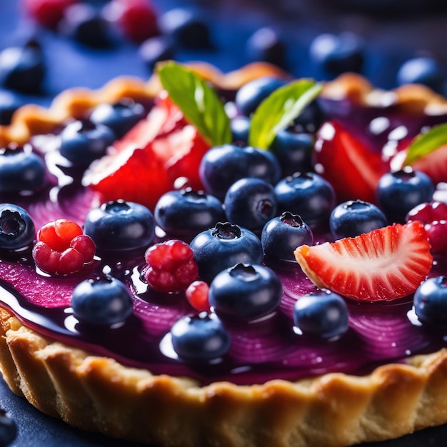 foto de uma deliciosa torta de mirtilo com fundo de comida fresca e saudável