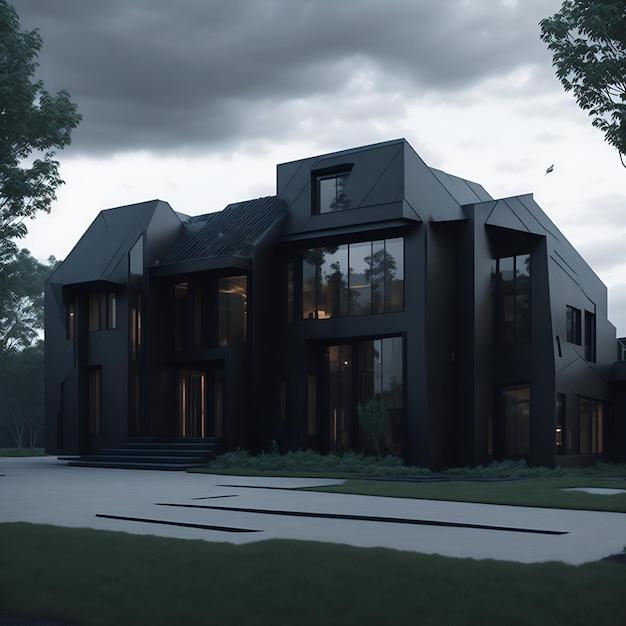 Foto de uma deslumbrante casa preta moderna com uma abundância de janelas