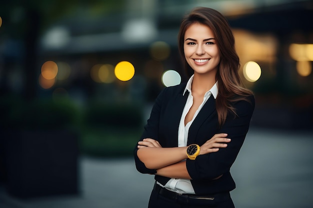 Foto de uma empresária sorridente posando ao ar livre com os braços cruzados