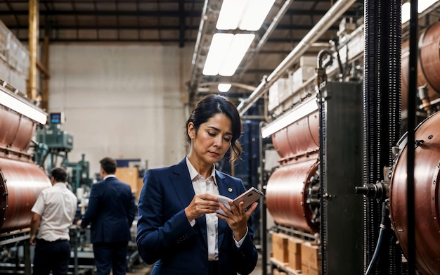 Foto de uma empresária trabalhadora em uma fábrica com IA geradora de máquinas e trabalhadores