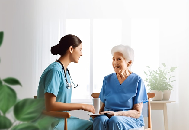 Foto de uma enfermeira ajudando o paciente cuidando de um paciente idoso