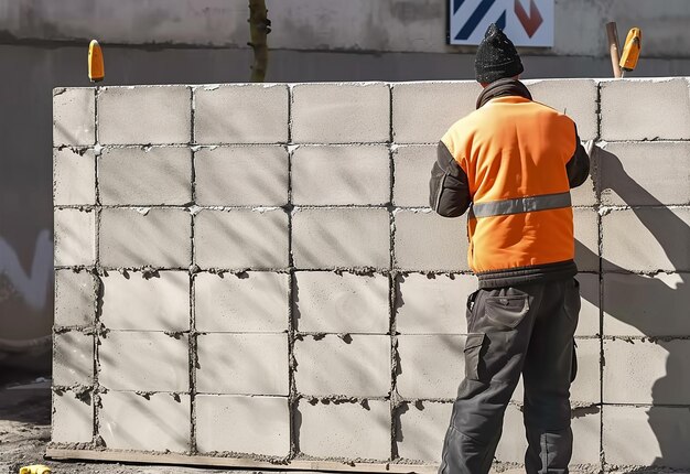 Foto de uma escavadora trabalhando em um local de construção com um homem instalando uma parede de tijolos