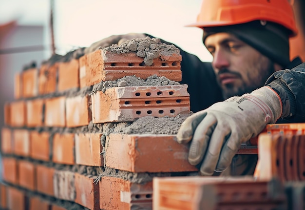 Foto foto de uma escavadora trabalhando em um local de construção com um homem instalando uma parede de tijolos