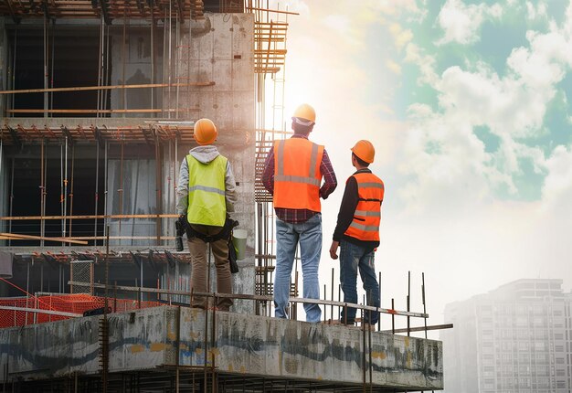 Foto de uma escavadora trabalhando em um local de construção com um homem instalando uma parede de tijolos