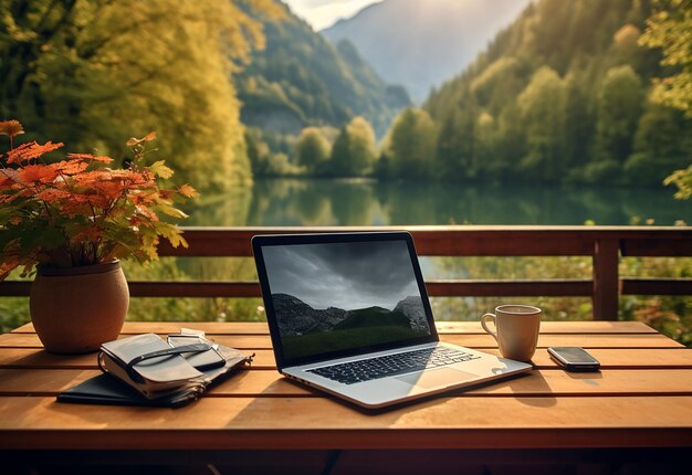 Foto foto de uma estação de trabalho de computador portátil na natureza ao ar livre