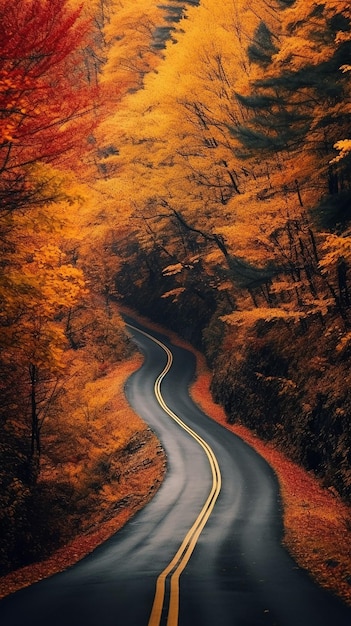 Foto de uma estrada florestal curvilínea com fundos de folhas de outono