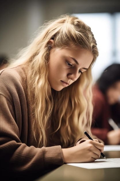 Foto de uma estudante universitária fazendo anotações em sua mesa na aula criada com IA generativa