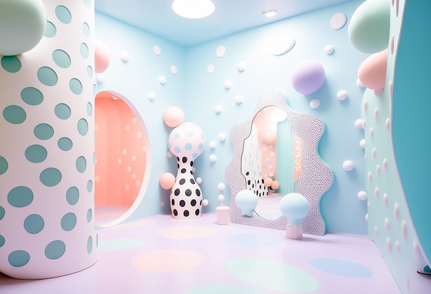 Foto de uma exibição de museu surreal e onírica com formas orgânicas e geométricas em cores pastéis geradas por IA