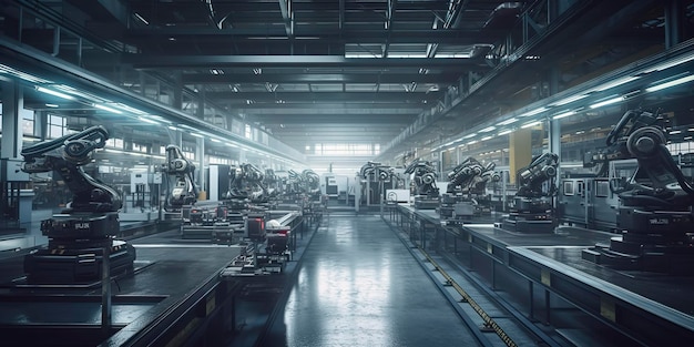 Foto de uma fábrica equipada com muitos braços cobot até onde a vista alcança