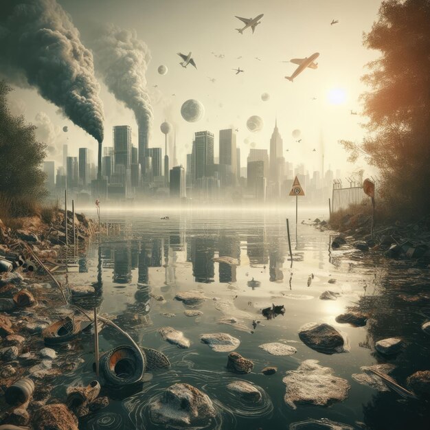 Foto foto de uma fábrica mostrando fumaça saindo dela problemas ambientais de fundo do planeta salva