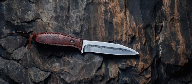 Foto de uma faca com uma bainha de couro castanho em uma rocha perfeita para aventuras ao ar livre