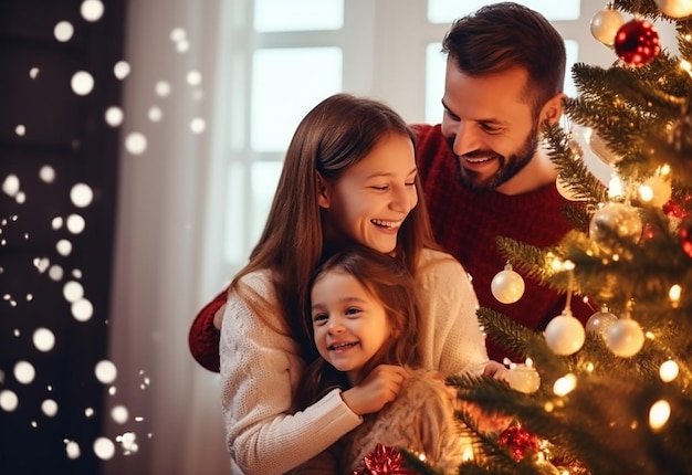 Foto de uma família feliz aproveitando o Natal juntos em casa fazendo decorações de Natal