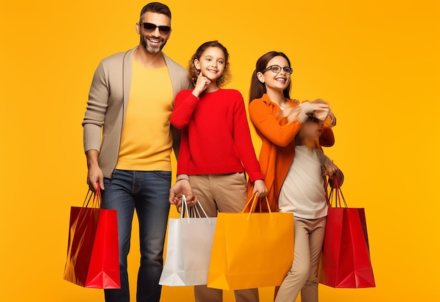 Foto de uma família feliz e sorridente fazendo compras juntos