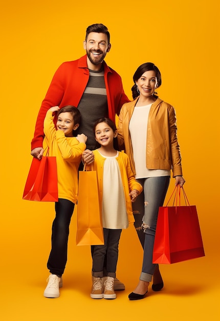Foto de uma família feliz e sorridente fazendo compras juntos
