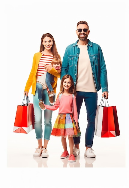 Foto de uma família feliz e sorridente fazendo compras juntos