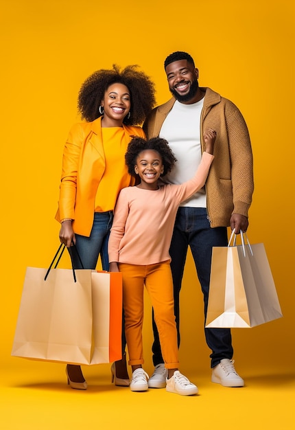 Foto de uma família feliz e sorridente fazendo compras juntos
