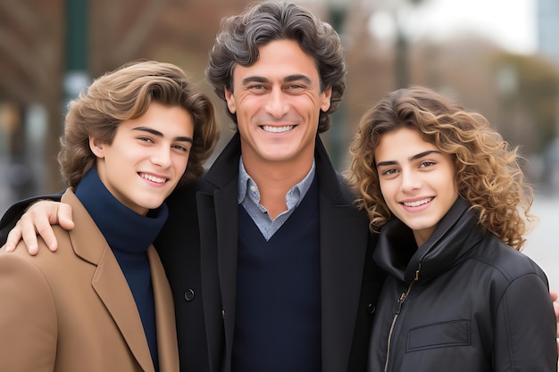 Foto de uma família feliz posando ao ar livre e copiando espaço