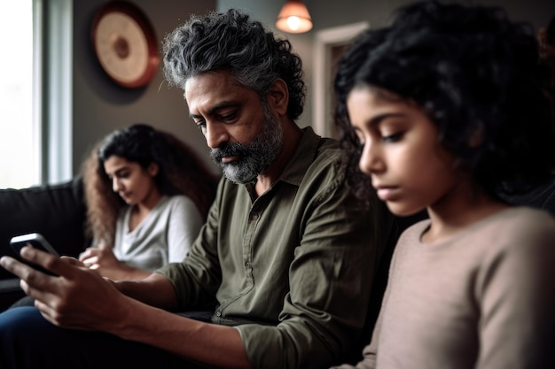 Foto de uma família irreconhecível usando um smartphone em casa, criado com IA generativa