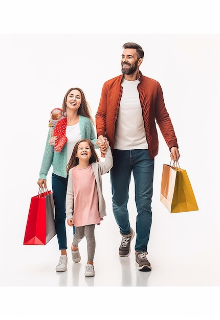 Foto de uma família linda e feliz fazendo compras juntos