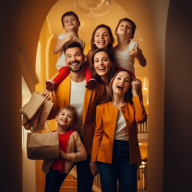 Foto de uma família sorridente e feliz fazendo compras