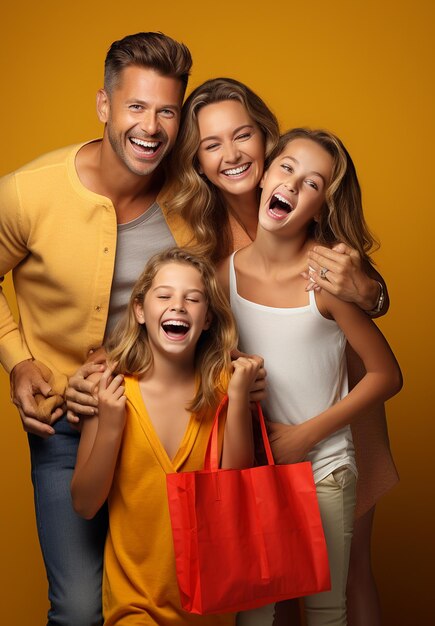 Foto de uma família sorridente e feliz fazendo compras