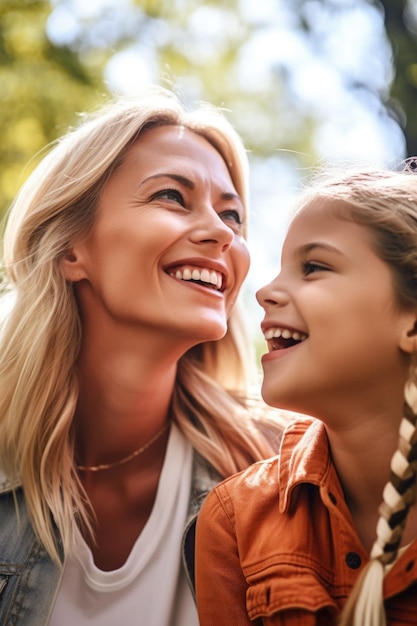 Foto de uma feliz mãe e filha se divertindo juntas ao ar livre