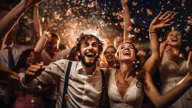 Foto foto de uma festa de casamento noiva e noivo rindo com vibrações positivas
