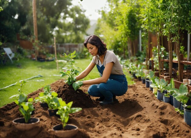 Foto de uma funcionária de uma estaleira de estufa segurando plantas prontas para venda gerada pela IA